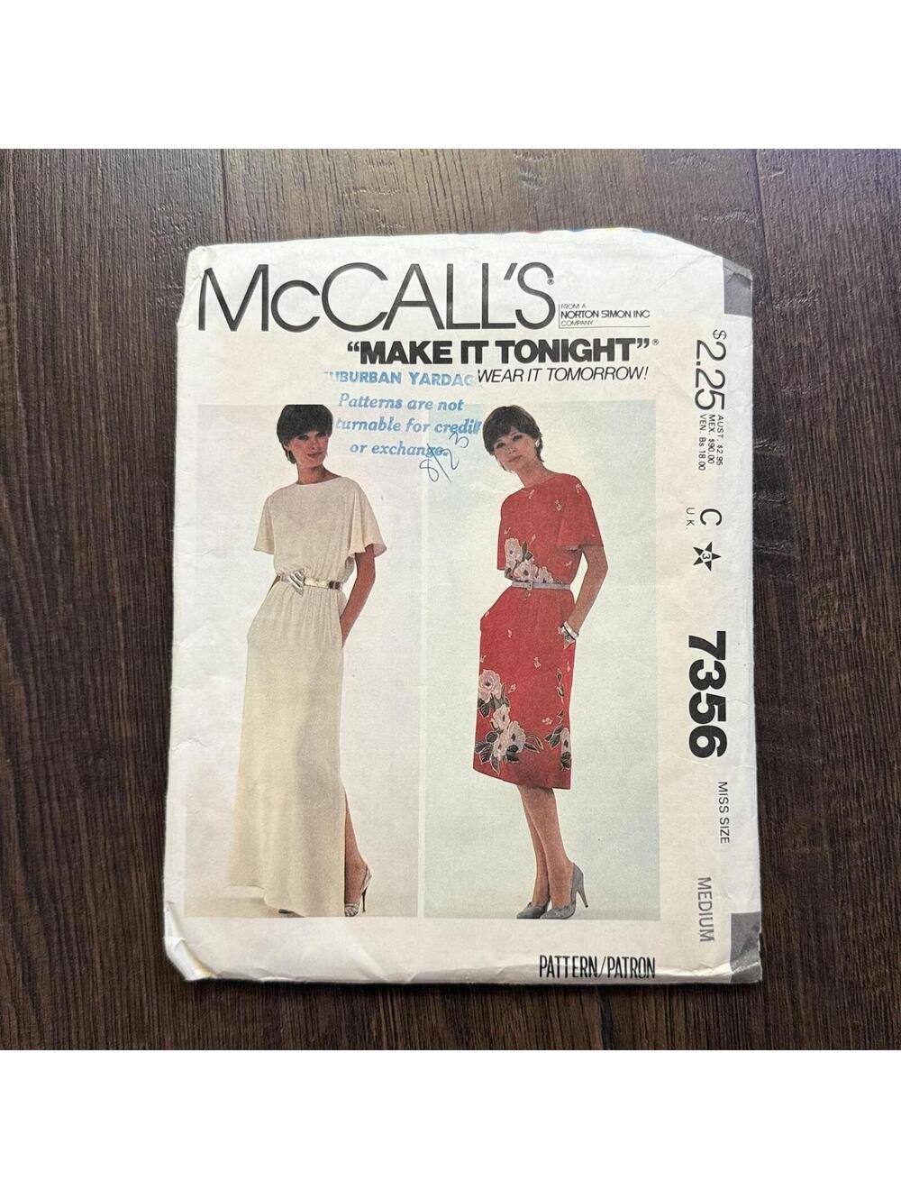Vintage 80s McCall's Sewing Pattern Make It Tonight 7356 Misses Size Medium